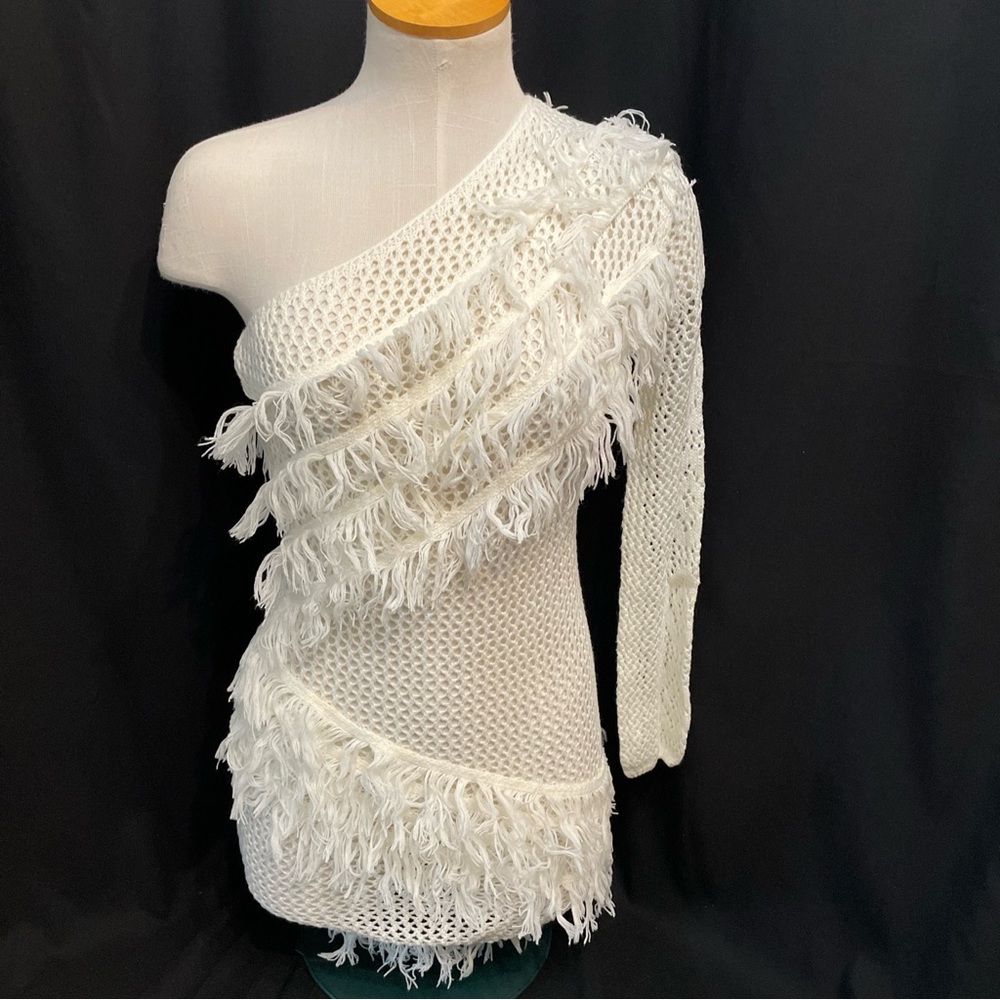 Womens White one-Shoulder Peek-a-Boo Cover-Up Dress With Fringe Trim Xsmall
